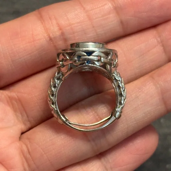 Sterling Silver Oval Blue Topaz Gemstone Ring w Braided & Chain Band, Sz 8 - Picture 6 of 8